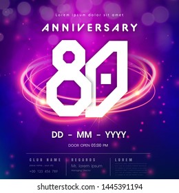 80 years anniversary logo template on purple Abstract futuristic space background. 80th modern technology design celebrating numbers with Hi-tech network digital technology concept design elements.