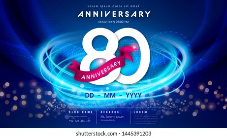 80 years anniversary logo template on dark blue Abstract futuristic space background. 80th modern technology design celebrating numbers with Hi-tech network digital technology concept design elements.