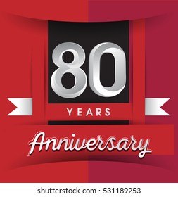 80 years anniversary logo with white ribbon isolated on red background, flat design style, Vector template elements for birthday celebration.