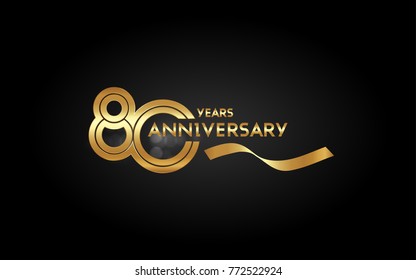 80 Years Anniversary Logotype with  Golden Multi Linear Number and Gold Ribbon, Isolated on Black Background