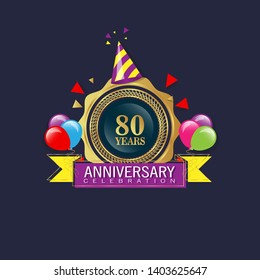 80 years anniversary - modern design celebrating. 80 years anniversary celebration simple logo. ribbon,balloon, gold emblem 