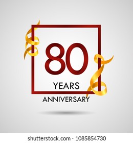 80 years anniversary with red number design inside red square and golden ribbon element, isolated on white background can be used as celebration card