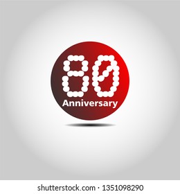 80 years Anniversary with simple bound design. Red bound with shadow. Dots font number. White colour font. My all design can see in my portofolio