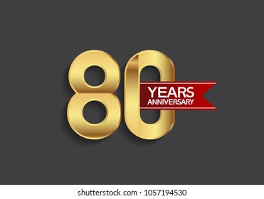 80 years anniversary simple design with golden color and red ribbon isolated on black background for celebration event