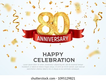 80 years anniversary vector banner template. Eighty year jubilee with red ribbon and confetti on white background