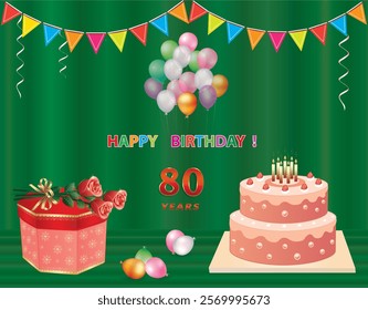 80 years anniversary. Vector happy birthday background design with gift box, rose bouquet and cake with candles. Greeting card decorated with balloons and flags.