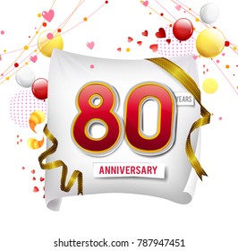 80 years anniversary vector illustration, banner, flyer, logo, icon, symbol. Graphic design element with flag, balloon, ribbon, confetty. Birthday greeting, event celebration