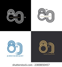 Icono de número vector de aniversario de 80 años, etiqueta del logotipo de cumpleaños, negro, blanco y colores con número de banda