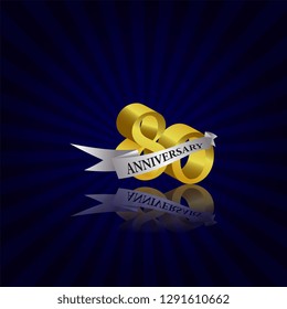 80 years anniversary Vector Template Design with golden color and silver ribbon isolated on blue sunburst background illustration for celebration event - Vector