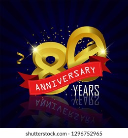 80 years anniversary Vector Template Design with golden color and silver ribbon isolated on blue sunburst background illustration for celebration event - Vector