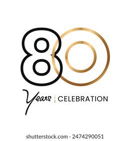 80 Jahre Celebration minimalistische Linie Gold Logo abstraktes Design. Luxus zum Jubiläum. Vektorgrafik Nummer für Symbol, Etikett, Insigna, Siegel, Tag, Zeichen, Siegel, Symbol, Abzeichen, Stempel, Aufkleber, Emblem, etc.