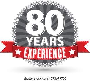 80 years experience retro label with red ribbon, vector illustration