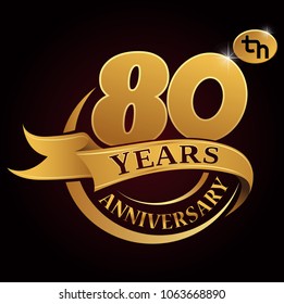 80 years golden anniversary logo celebration with golden ring and ribbon.