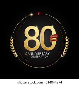 80 years golden anniversary logo with red ribbon, low poly design number, isolated on black background