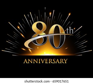 80 years golden anniversary logo celebration with firework and swoosh on dark background