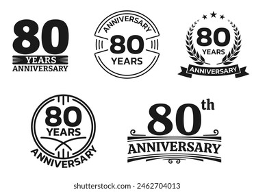 80 years icon or logo set. 80th anniversary celebrating sign or stamp. Jubilee, birthday celebration design element. Vector illustration.