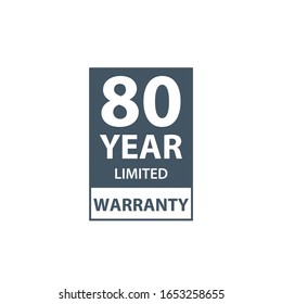 80 years limited warranty icon or label, certificate for customers, warranty stamp or sticker. vector illustration isolated on white background