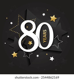 80 YEARS metallic gold and black vector typography card with stars
