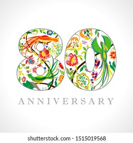 80 years old logotype. 80 th anniversary numbers. Decorative symbol. Age congrats with peacock birds. Isolated abstract graphic design template. Royal colorful digits. Up to 80% percent off discount.