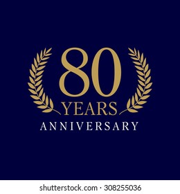 80 years old luxurious logo. Anniversary 80s, 80 th vector gold colored template framed of palms. Greetings ages celebrates. Celebrating tradition branches. 8 th place symbol of victory and success
