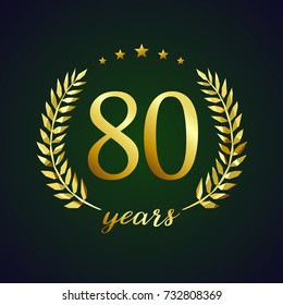 80 years old luxurious logotype. Congratulating 80th, 8th numbers in circle of palms, cup template. Isolated sign greetings symbol, celebrating traditional stained-glass decorative retro style ear.