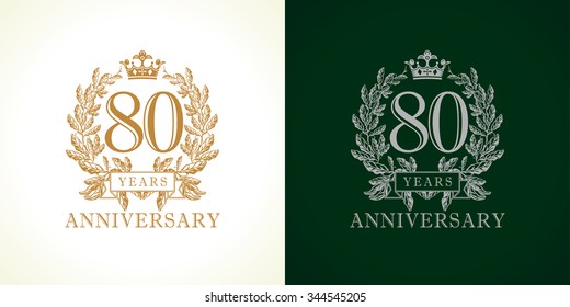 80 years old luxury logotype. Congratulating 80th numbers gold color framed in palms. Heraldic congrats concept. Celebrating tradition eight, zero digits. Abstract isolated graphic design template.