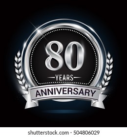 80 years silver anniversary logo with laurel wreath, ribbon and silver ring. vector design
