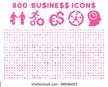 800 Business vector icons. Style is pink flat symbols on a white background.