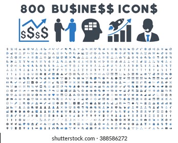 800 Business vector icons. Style is bicolor smooth blue flat symbols on a white background.