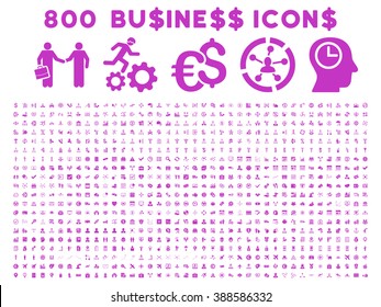 800 Business vector icons. Style is violet flat symbols on a white background.