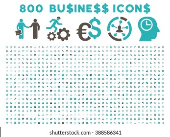 800 Business vector icons. Style is bicolor grey and cyan flat symbols on a white background.