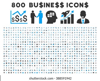 800 Business vector icons. Style is bicolor blue and gray flat symbols on a white background.