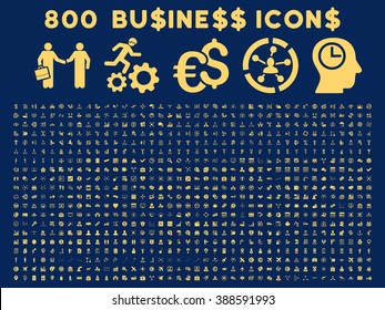 800 Business vector icons. Style is yellow flat symbols on a blue background.