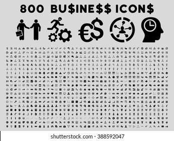 800 Business vector icons. Style is black flat symbols on a light gray background.