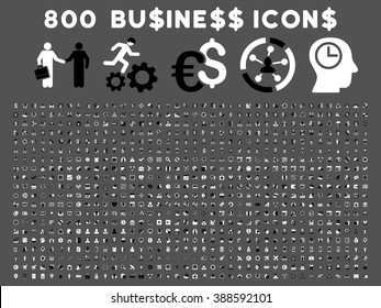 800 Business vector icons. Style is bicolor black and white flat symbols on a gray background.