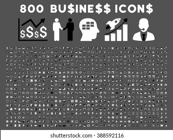 800 Business vector icons. Style is bicolor black and white flat symbols on a gray background.
