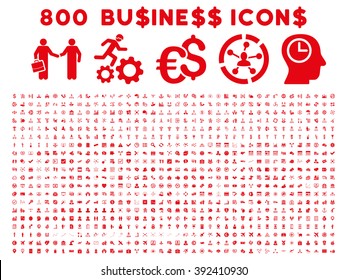 800 Business vector icons. Style is red flat symbols on a white background.