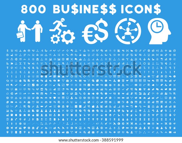 800 Business vector icons. Style is white\
flat symbols on a blue\
background.
