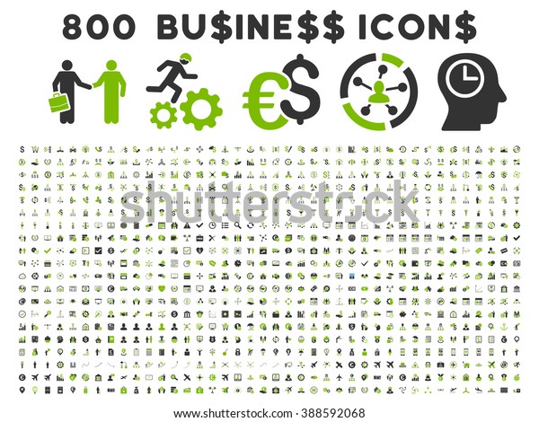 800 Business vector icons.\
Style is bicolor eco green and gray flat symbols on a white\
background.