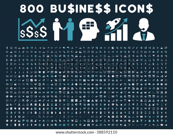 800 Business vector icons.\
Style is bicolor blue and white flat symbols on a dark blue\
background.
