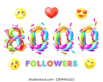 8000 followers color 3D picture. Thank you followers color numbers. The vector thanks card for network friends with color bubble. Splash paint isolated on white.