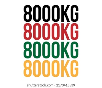 8000 kg de texto. Vector con valor en kilogramos negro, rojo, verde y naranja sobre fondo blanco.