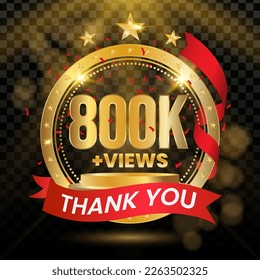 800K+ Views Logotype with Gold and red Confetti Isolated on Black Background(PNG), Vector design for video display celebration.