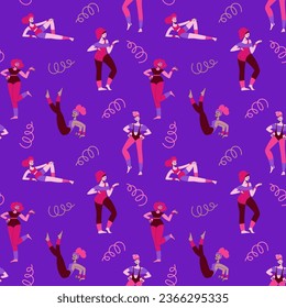 80-90s stylisation. Seamless pattern with women doing aerobics. Repeatable pattern with characters with retro sportswear