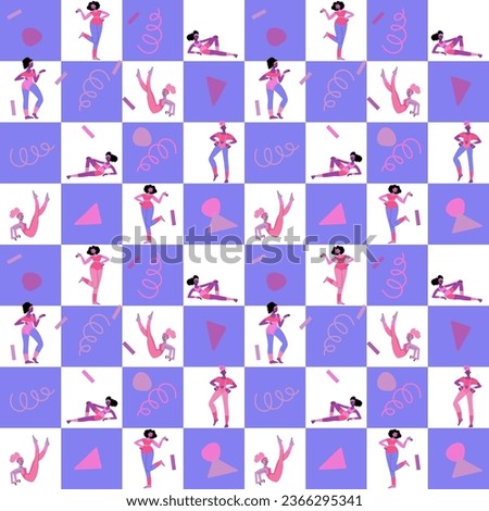 80-90s stylisation. Seamless pattern with women doing aerobics. Repeatable pattern with characters with retro sportswear