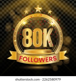 80K Followers Logotype with Gold and red Confetti Isolated on Black Background (PNG), Vector Design for Greeting Card and Social Media.