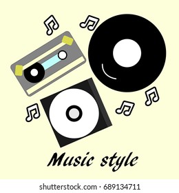 80s - 90 nostalgia music style, Vintage retro illustration. Compact disk, vinyl, cassette