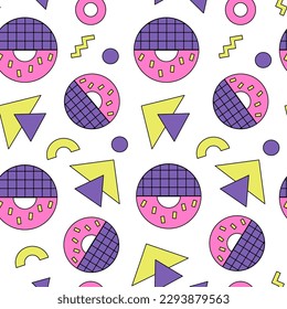 80s 90s 00s inspired retro geometric abstract seamless pattern. Memphis digital paper. Playful geometry. Y2k nostalgia revival background.