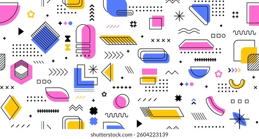 80s or 90s abstract geometric Memphis seamless pattern with simple shapes, vector background. Modern Memphis pattern geometric elements, color shape or abstract minimal dots, circles and squares