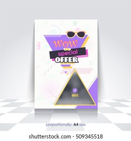80s, 90s Background, A4 Flyer, Brochure Design. Vector Corporate Leaflet, Textbook Cover Design. Image Add Feature, Print Ready Document, Pamphlet or Booklet Template with Geometric Shapes Cover